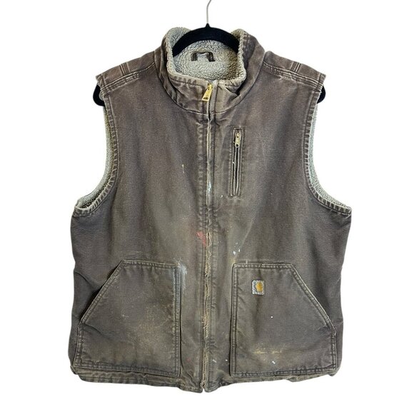 Vintage Carhartt Brown Sherpa Lined Canvas Vest Men’s XL Distressed Workwear - Picture 1 of 7